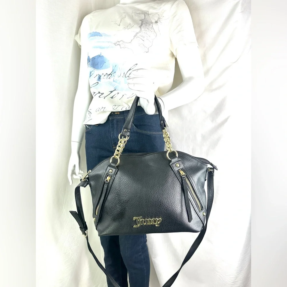 Juicy Couture Black Faux Leather Medium Shoulder Bag Goldtone Chain Strap - Picture 3 of 12